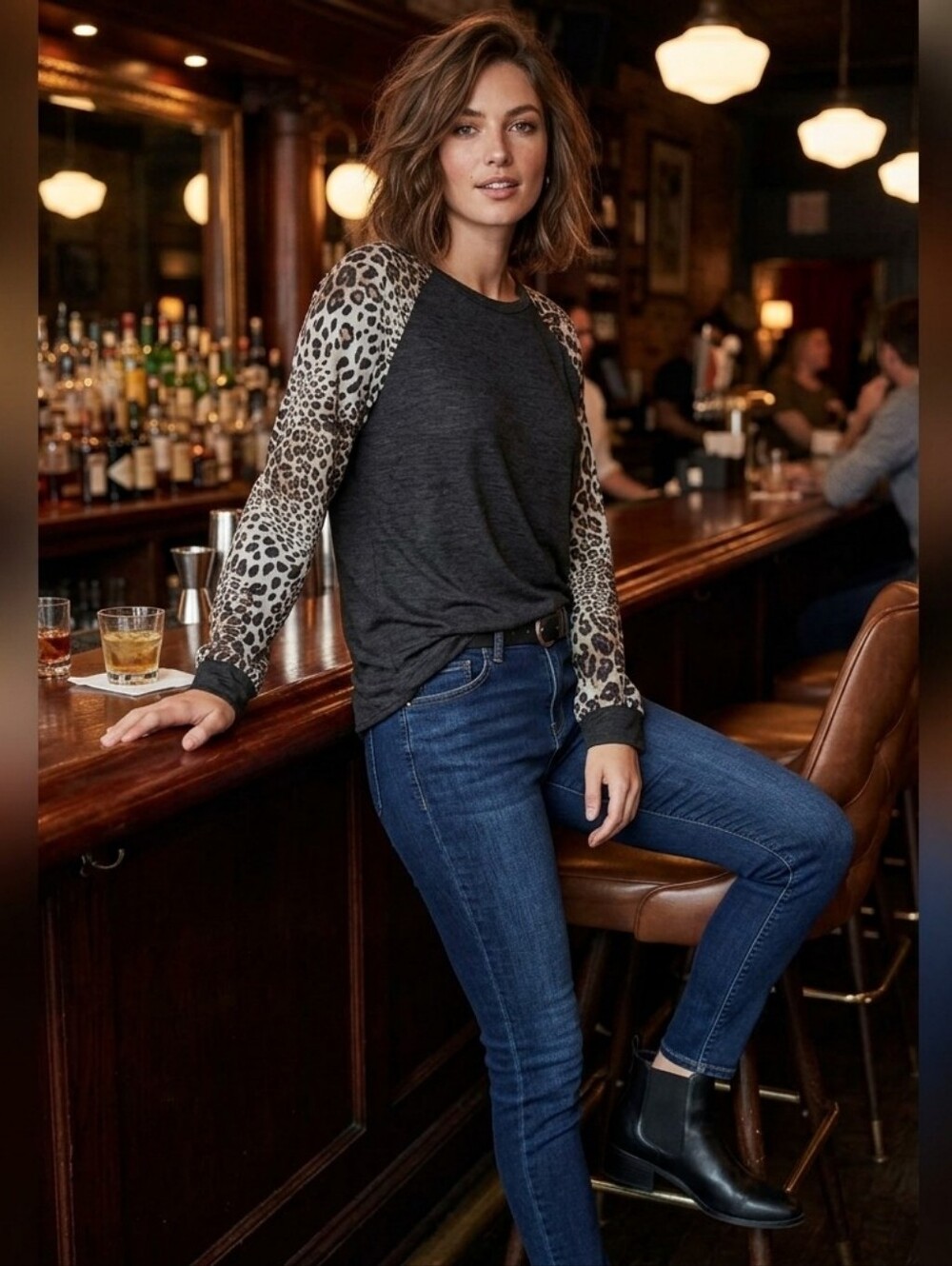Black & Leopard Print Long Sleeve Shirt